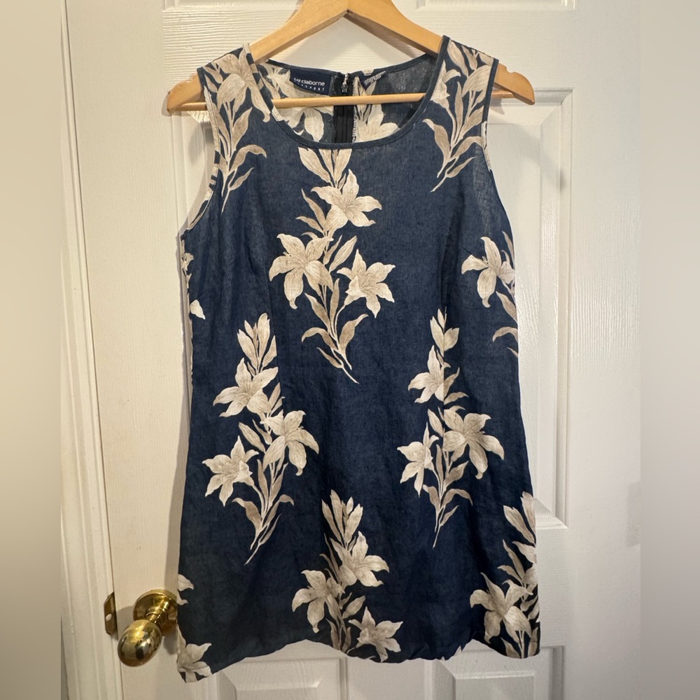 Liz Claiborne Navy and Cream Linen Floral Mini Dress